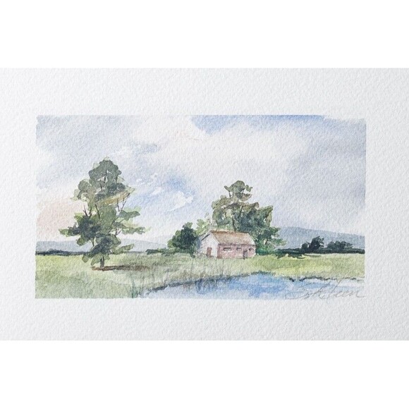 Watercolor Painting Original Country House Pastoral "Spring Morning" Signed 4x6” - Picture 1 of 2